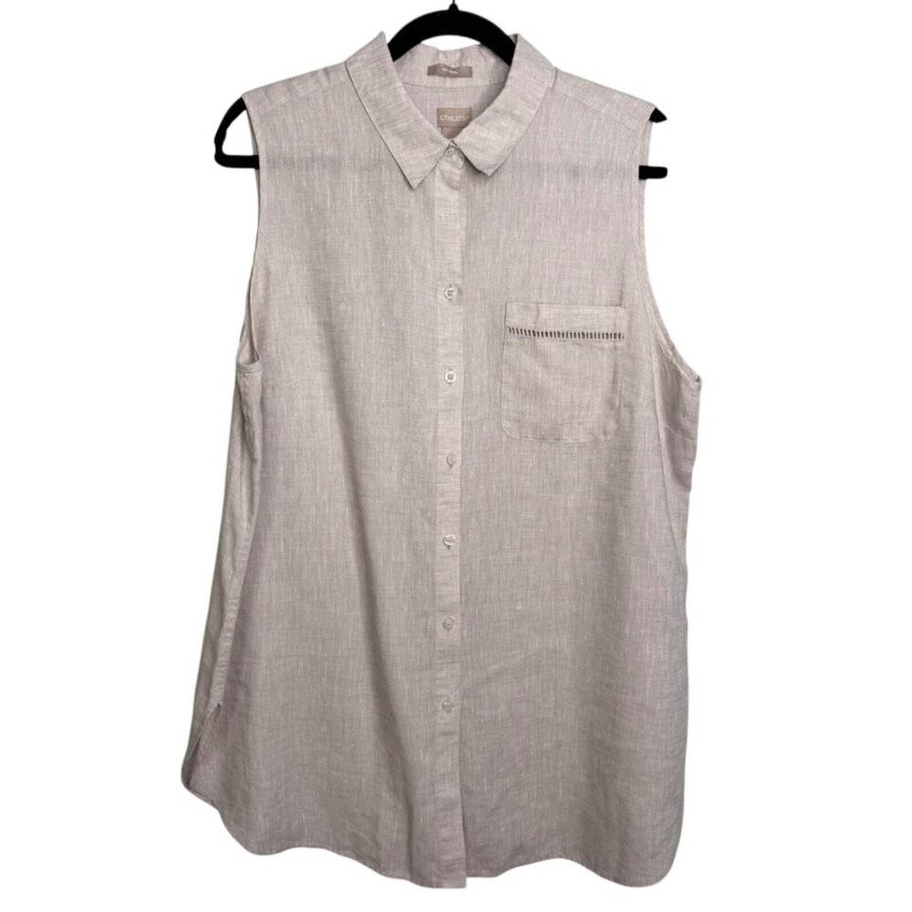 Chico’s Beige/Tan Sleeveless Button Front 100% Linen Top Blouse 3/US 16-18